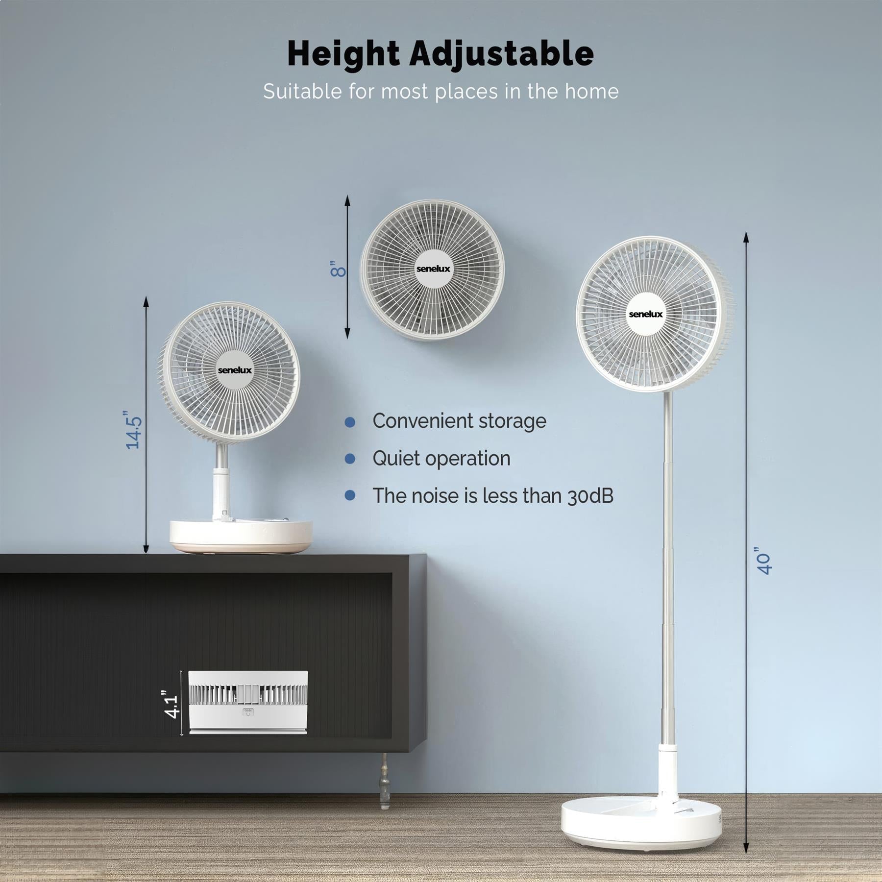 Senelux Portable Oscillating Standing Fan with Remote Control, 8 inch Silent Pedestal Fan, 7200mAh Rechargeable Battery Wireless Fan