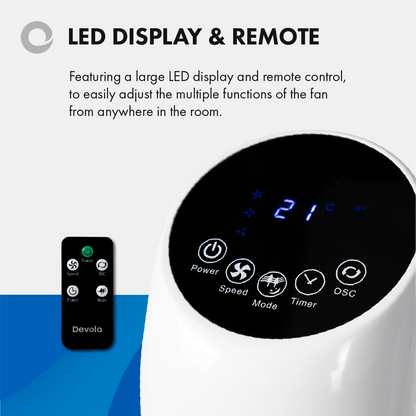 Devola Tower Fan - 3 Speed, 12 Hour Timer, Remote Controlled - White - DV33TFWH