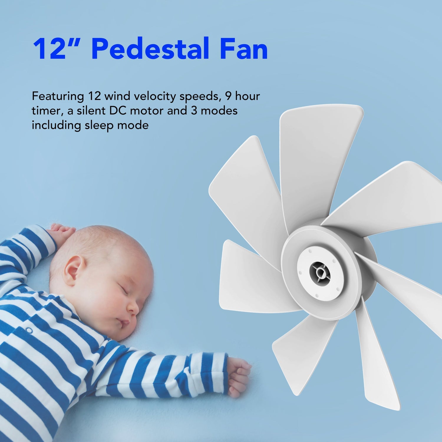 Devola Low Noise 30W 12 Speed 12-inch DC Pedestal Fan - White - DV12DCPFAN