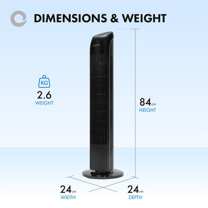 Devola Tower Fan - 3 Speed, 12 Hour Timer, Remote Controlled - Black - DV33TFB