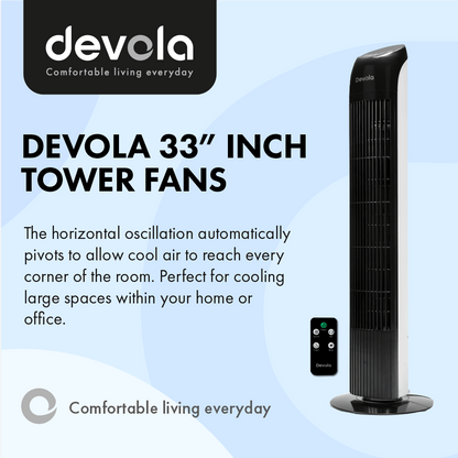 Devola 45W 3 Speed 33-inch Tower Fan With Remote - Black/White - DV33TFBW