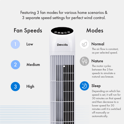 Devola Tower Fan - 3 Speed, 12 Hour Timer, Remote Controlled - White - DV33TFWH