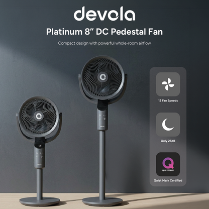 Devola Platinum Low Noise 8 Inch Air Circulator Pedestal Fan, Grey - DVPF8DCB