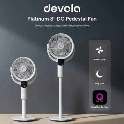 Devola Platinum Low Noise 8 Inch Air Circulator Pedestal Fan, White - DVPF8DCW