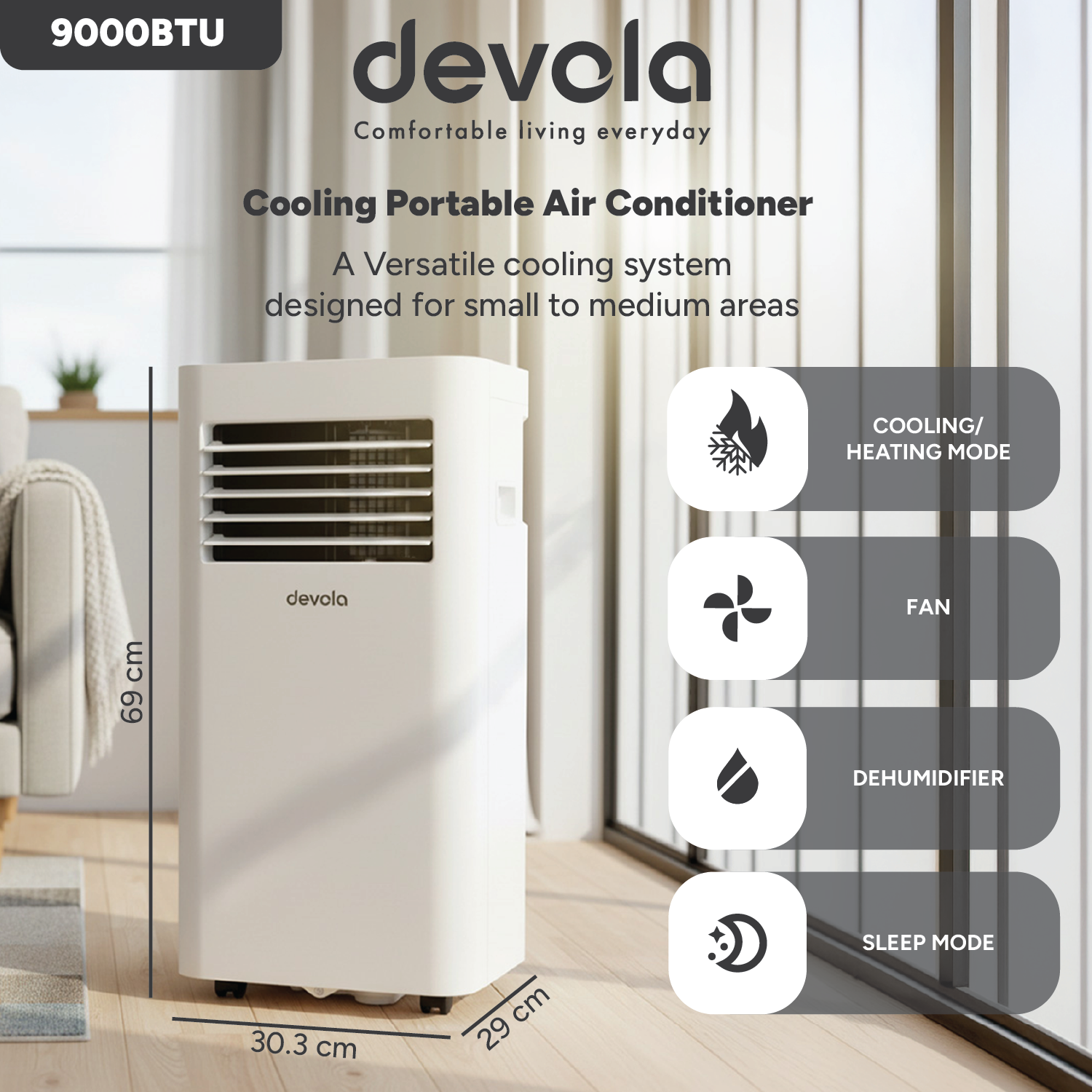 Devola Compact Portable Air Conditioner with Wi-Fi and 2x Window kits - 9,000BTU - Cooling &amp; Heating - White - DVAC9KH
