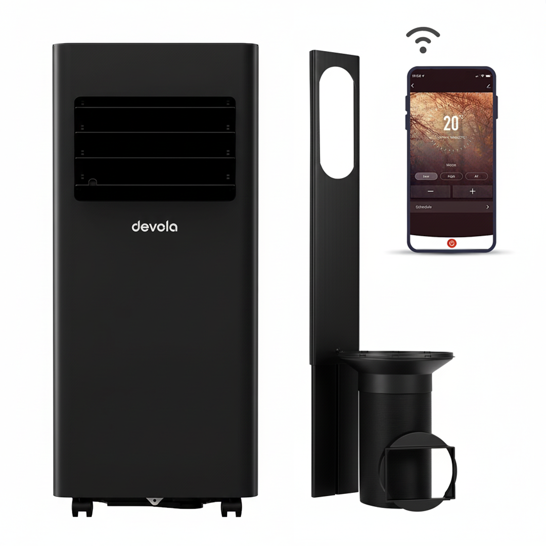 Devola Compact Portable Air Conditioner with Wi-Fi and 2x Window kits - 9000 BTU - Cooling - Black - DVAC9KB