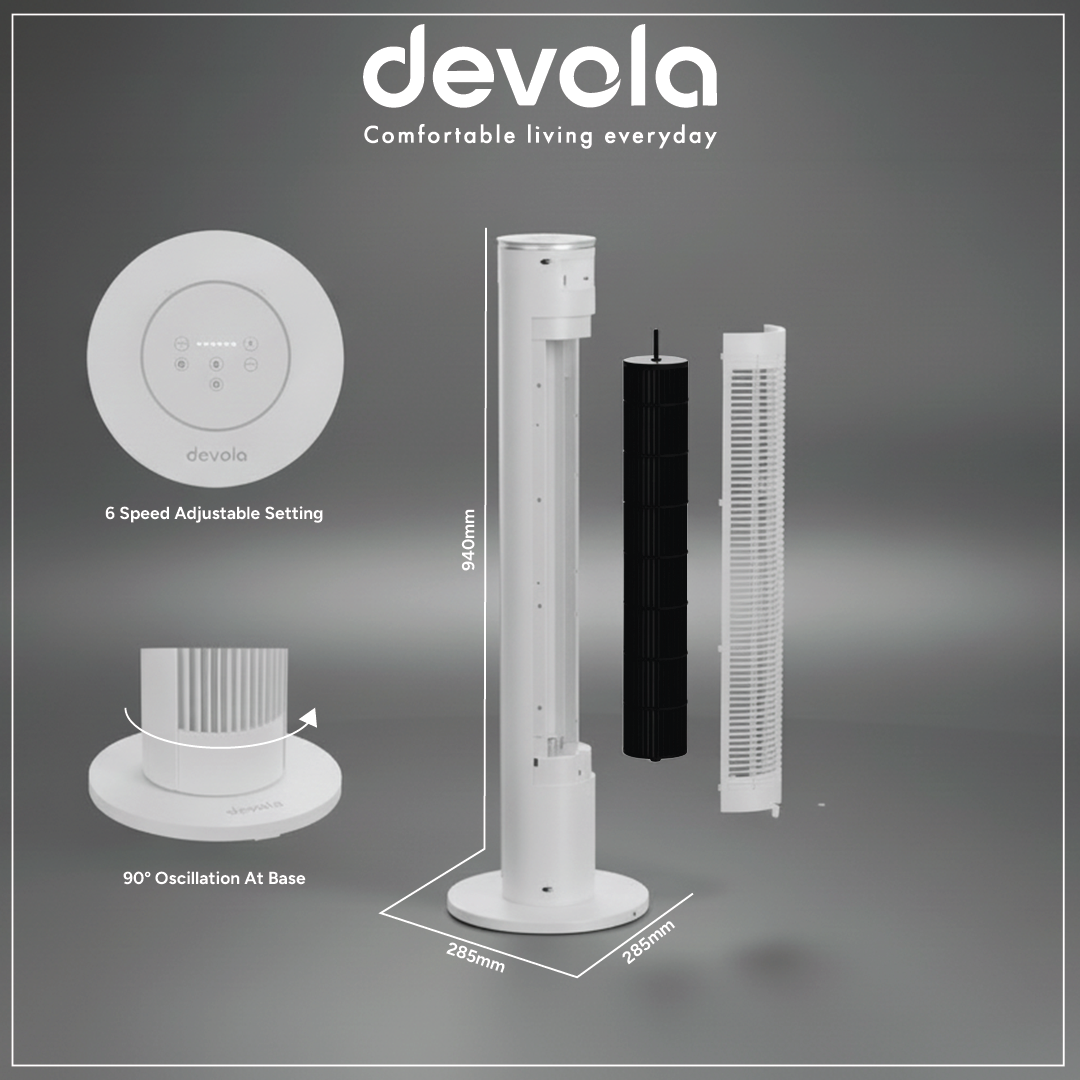 Devola Platinum 38 Inch Tower Fan with Remote, White &amp; Silver - DVTF38PWH
