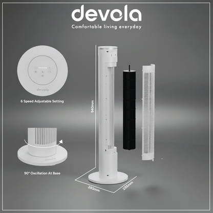 Devola Platinum 38 Inch Tower Fan with Remote, White &amp; Silver - DVTF38PWH