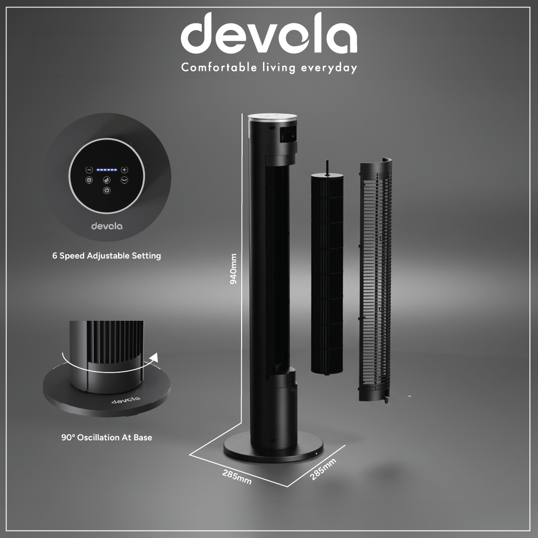 Devola Platinum 38 Inch Tower Fan with Remote, Black &amp; Silver - DVTF38PBS