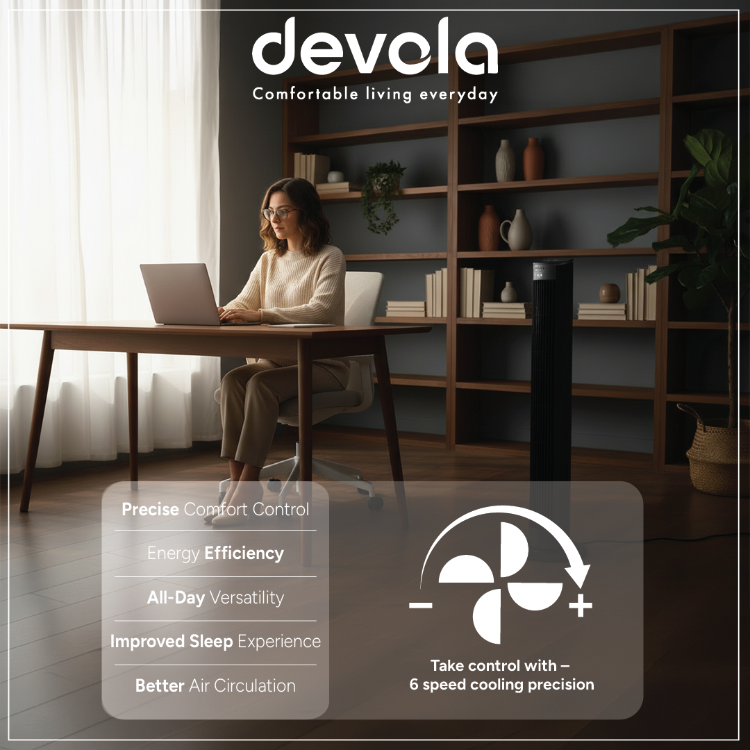 Devola Platinum 38 Inch Tower Fan with Remote, Black &amp; Silver - DVTF38PBS