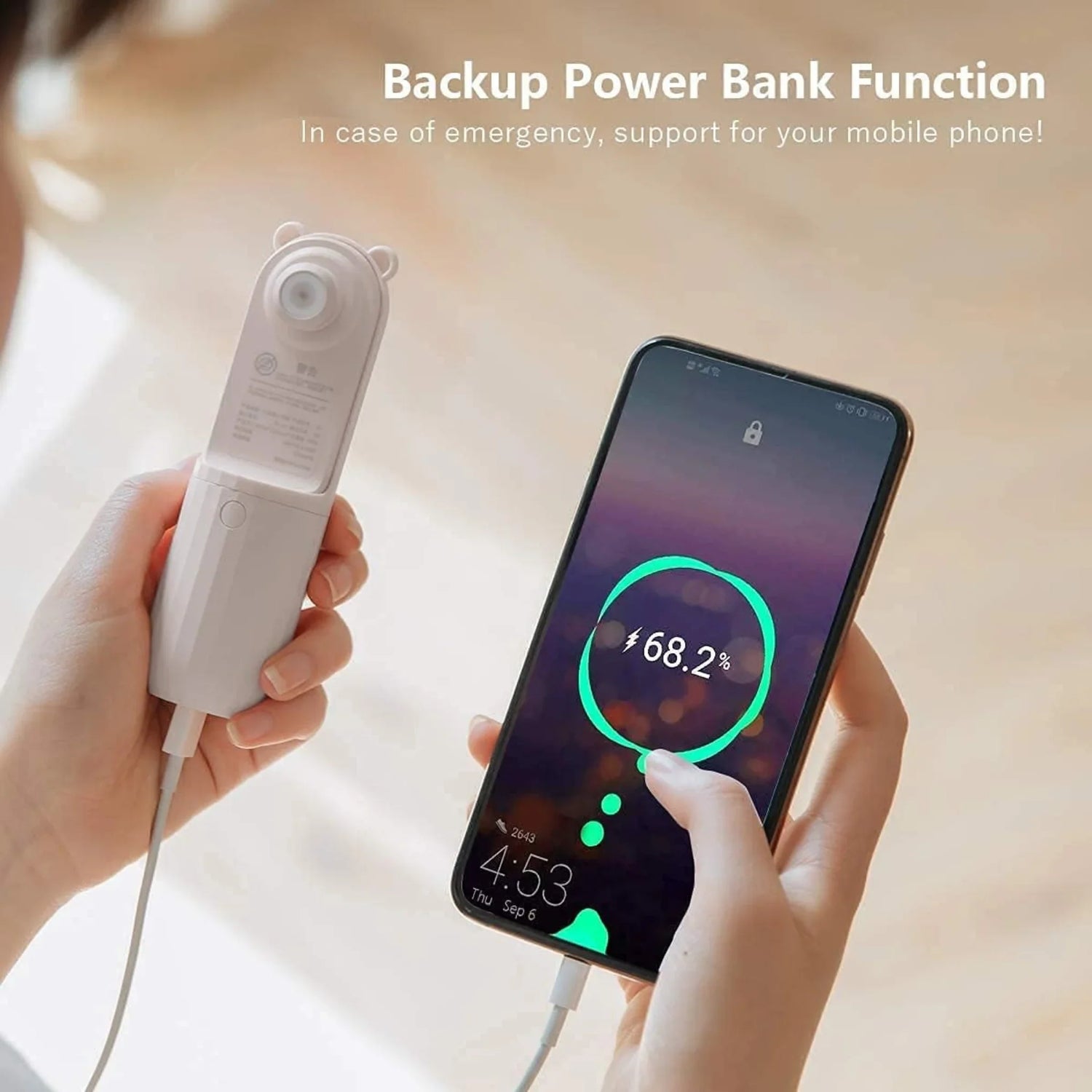 Rechargeable Hand Held Pocket Fan for Personal Cooling with Medium and High Fan Speeds and Optional Portable Power Bank