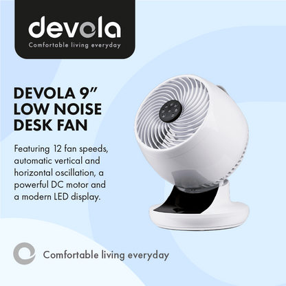Devola Ultra Quiet 28W 12 Speed 9-inch DC Desk Fan - White - DV9DCDF
