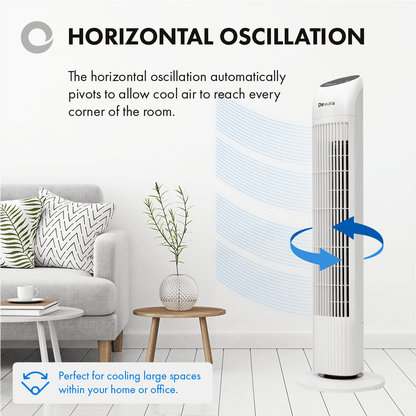 Devola Tower Fan - 3 Speed, 12 Hour Timer, Remote Controlled - White - DV33TFWH