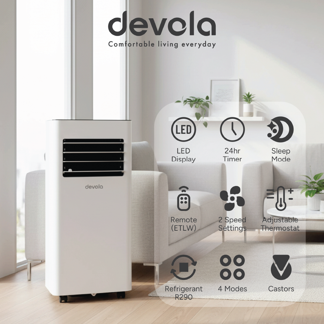 Devola Compact Portable Air Conditioner with Wi-Fi and 2x Window kits - 9,000BTU - Cooling &amp; Heating - White - DVAC9KH