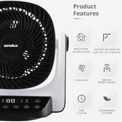 Senelux 9” DC Air Circulator Fan - Ultra Quiet - Automatic Oscillation, 8 Fan Speeds, 4 Operational Modes, Timer, LED Display &amp; Remote Control
