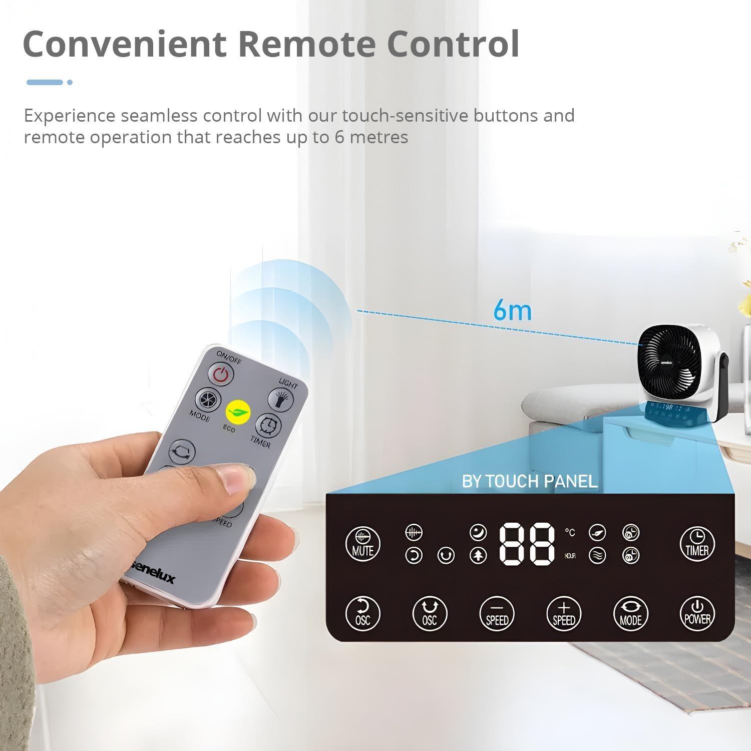 Senelux 9” DC Air Circulator Fan - Ultra Quiet - Automatic Oscillation, 8 Fan Speeds, 4 Operational Modes, Timer, LED Display &amp; Remote Control